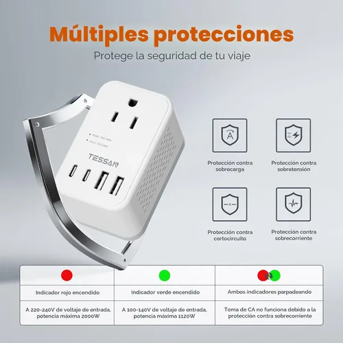 Miniatura 6 de TESSAN - Convertidor de voltaje compacto de 220 V a 110 V de EE. UU. a Europa, adaptador de viaje universal con 2 salidas de CA y 2 USB (1 USB-C)