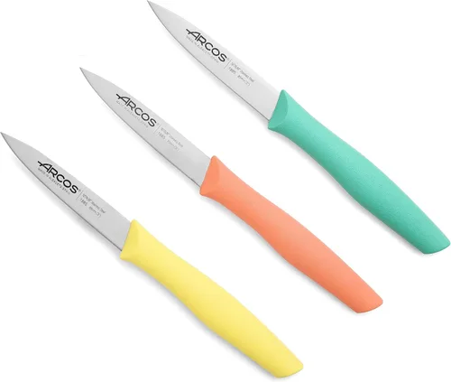 Arcos Juego de Cuchillos de Pelar de 3 Piezas de 4 Pulgadas de Acero Inoxidable. Cuchillos de Cocina Coloridos para Pelar Frutas y Verduras. Mango