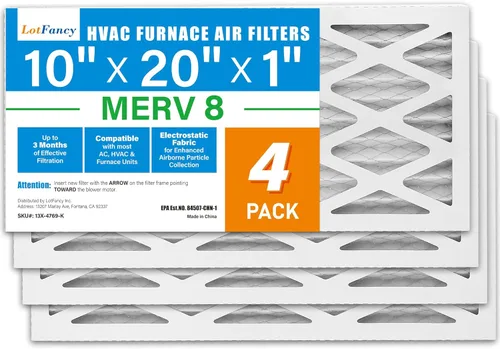 LotFancy Filtro de aire MERV 8 de 10 x 20 x 1, paquete de 4 unidades, tamaño real: 9.75 x 19.75 x 0.75 pulgadas, reemplazo de horno plisado y filtro