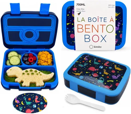 Miniatura 2 de kinsho Lonchera Bento para niños pequeños, 4 secciones seguras, charola extraíble sin BPA, contenedor de refrigerios y almuerzos para niños de Robot