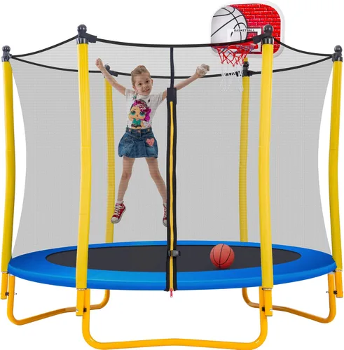 Miniatura 7 de Merax Trampolín de 66 pulgadas para niños con aro de baloncesto, bola de goma y red de recinto, mini trampolín pequeño de 5.5 pies para interiores