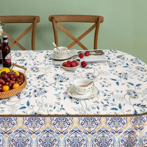Miniatura 2 de Mantel floral impermeable, mantel de campo francés ovalado azul y amarillo, 54 x 72 pulgadas, resistente a las arrugas y lavable, perfecto