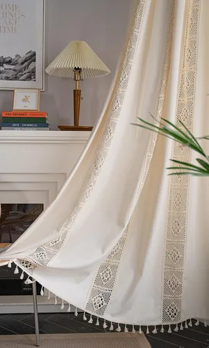 Miniatura 5 de vctops Cortina de ganchillo a cuadros con borlas y bolsillo para barra, cortinas de lino de algodón semitransparentes para ventana para sala