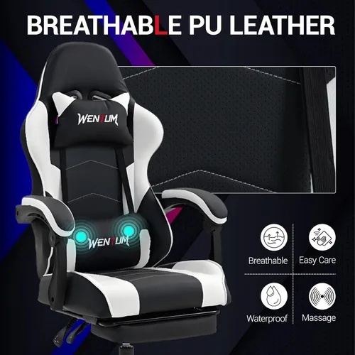Miniatura 7 de Silla de juegos con reposapiés para adultos, silla de videojuegos de piel sintética con soporte lumbar de masaje para hombres y mujeres, silla