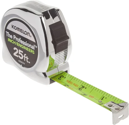 Komelon 425IEHV Cinta métrica profesional de alta visibilidad con escala de pulgada e ingeniero, impresa 25 pies por 1 pulgada, cromada