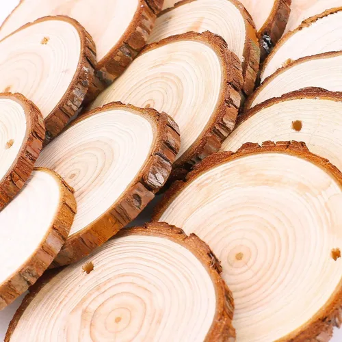 Miniatura 7 de Rodajas de madera natural sin terminar 32 piezas de 3.5-4 pulgadas, juegos de posavasos de madera, kit de madera para manualidades preperforado