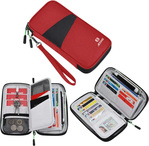 Miniatura 2 de Cartera de viaje RFID para pasaporte familiar, organizador de documentos impermeable con cremallera y correa de muñeca extraíble, Rojo, Elegante