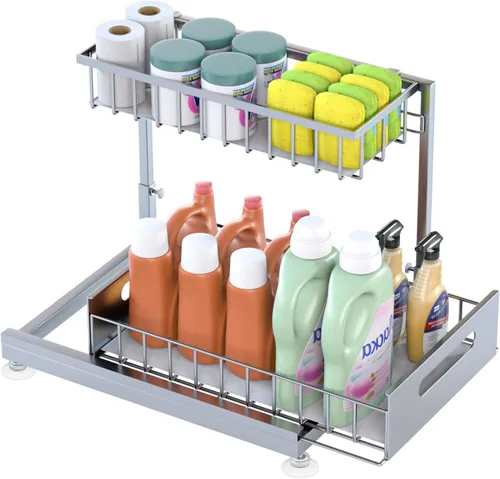 Miniatura 16 de Saydear Organizador de almacenamiento para debajo del fregadero, organizador de armario de cocina extraíble de 2 niveles con cajón deslizante, Negro
