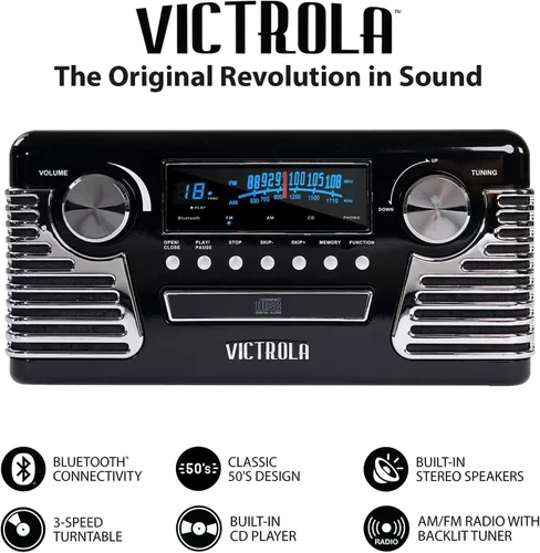 Miniatura 3 de Victrola Haley - Reproductor de discos retro Bluetooth y centro multimedia con altavoces integrados - Tocadiscos de 3 velocidades, reproductor