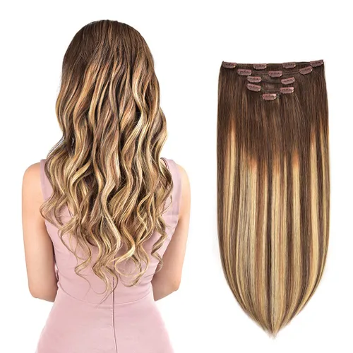 5 Piezas de extensiones de cabello humano Remy con clip - Extensiones de cabello real sedoso, corto y grueso para mujeres y niñas