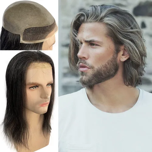Miniatura 12 de Voloria Sistema de reemplazo de cabello tipo tupé de 12 pulgadas de largo para hombre, encaje suizo frontal, línea capilar natural, pelo de piel