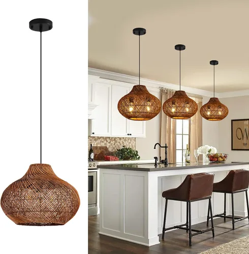 Miniatura 6 de Lámpara Colgante de Ratán Marrón Oscuro de 2 Luces, 14.96" Luz Colgante Redonda Rústica, Lámpara Colgante de Mimbre Curry Candelabro de Ratán Tejido