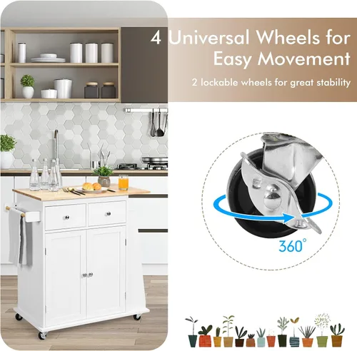 Miniatura 6 de COSTWAY Isla de cocina sobre ruedas, carrito utilitario con estante ajustable, 2 cajones, estante de especias de 3 niveles, toallero, gabinete de 2