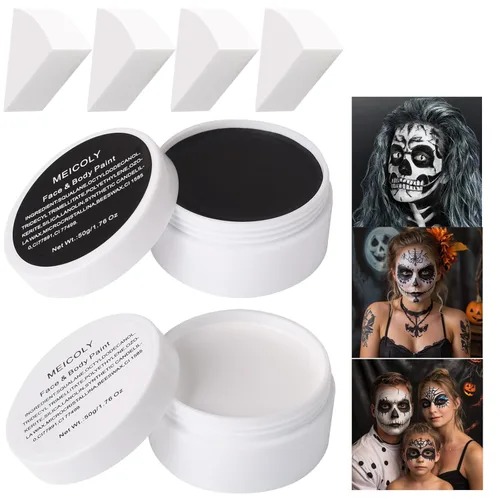 Miniatura 12 de MEICOLY Kit de maquillaje de payaso, pintura corporal blanca y negra para Halloween, Devil Joker Zombi, Vampire Skeleton SFX, pintura corporal