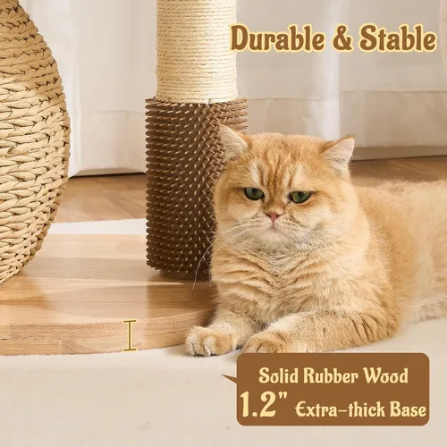 Miniatura 7 de Moderna torre de árbol para gatos de interior, madera maciza de 30 pulgadas y ratán para gatos con postes rascadores y auto arreglado, cama de felpa