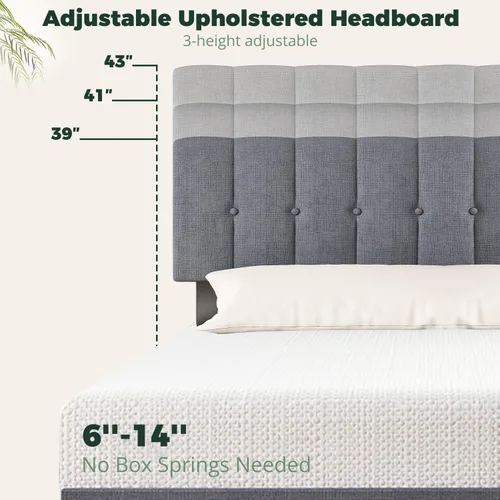 Miniatura 4 de Base de cama matrimonial con cabecera de tela tapizada, fácil montaje, soporte de listones de madera, cabecera ajustable, no necesita somier, sin