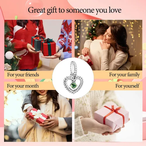 Miniatura 6 de Dijes de piedra natal de plata de ley 925 con dije de corazón para pulsera, collar, dije de feliz cumpleaños, cuentas colgantes de corazón