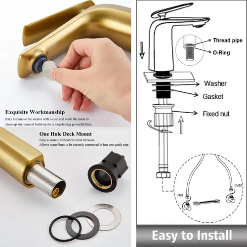 Miniatura 6 de TOCALOCA Grifo de baño de oro cepillado, un solo orificio, una sola palanca, grifo de lavabo tipo vasija, cobre, flujo aireado, 2.2 GPM, garantía