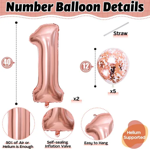 Miniatura 2 de Globos de cumpleaños número 16 para niñas, globos autoinflables de papel de aluminio de 40 pulgadas número 16 con globos de confeti de oro rosa, Oro