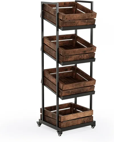 Miniatura 10 de LITTLE TREE Soporte de Cesta de 3 Niveles, Unidad de Estantería de Pie de Madera, Organizador de Almacenamiento Rústico de Pie para Cocina, Baño