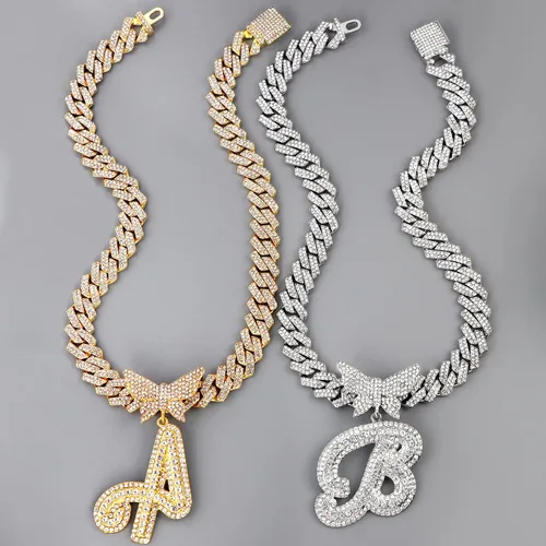 Miniatura 5 de Cuban Link Chain for Women Cursive Silver Initial 14MM Diamond Prong Cuban Chain Hip Hop Iced Out Chain Necklace Butterfly Initial Letter Name