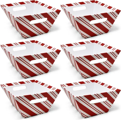 Gift Boutique 6 paquetes de cestas de regalo navideñas con bastones de caramelo rayados 8" x 10" rectangulares con tiras rojas y blancas, cesta de