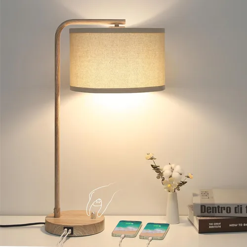 Miniatura 12 de Lámpara de mesita de noche Seaside village con puertos de carga USB C+A, lámpara de pie moderna de granja completamente regulable, lámpara de Roble