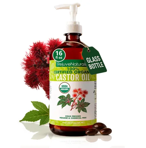 RejuveNaturals Aceite de Ricino (Botella de Vidrio de 16oz) Certificado Orgánico USDA, 100% Puro, Prensado en Frío, Libre de Hexano. Promueve el