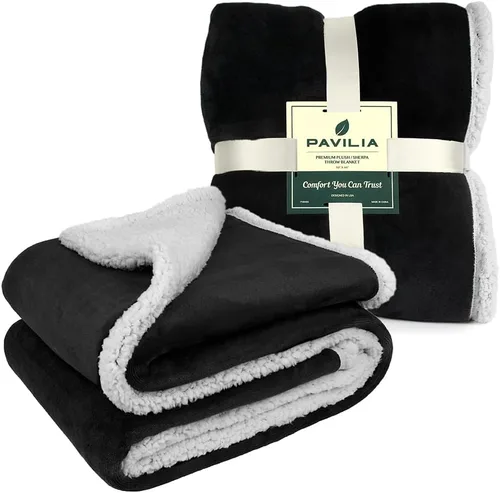 Miniatura 9 de PAVILIA Manta Throw de Forro Polar Sherpa para Sofá, Negro, Manta de Sofá de Felpa Suave y Esponjosa, Manta de Invierno Reversible y Acogedora