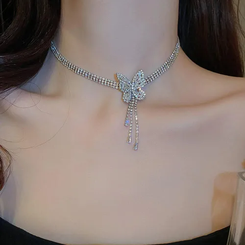 Miniatura 2 de Missgrace Gargantilla de mariposa con diamantes de imitación plateados, collares de cadena de plata con diamantes de imitación, collar de barra