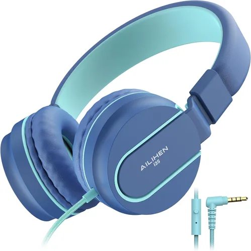 Miniatura 6 de AILIHEN Auriculares para niños, audífonos I35 sobre la oreja para la escuela, volumen seguro de 93dB, micrófono HD estéreo para niños y niñas, Azul