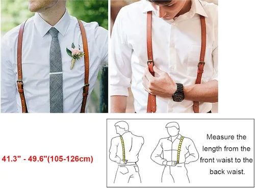 Miniatura 6 de RC ROCKCOW Tirantes de cuero para hombre diseño de espalda en Y tirantes ajustables con 4 clips de metal regalo de boda marrón