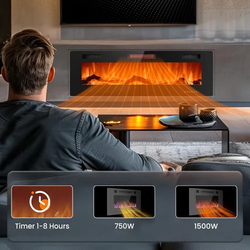 Miniatura 2 de Joy Pebble - Insertos de chimenea eléctrica de 50 pulgadas, chimenea eléctrica empotrada en la pared y montada en la pared 750/1500W, pantalla