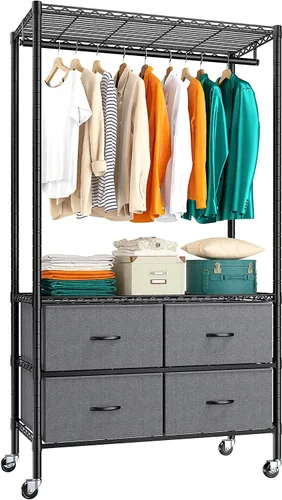 Miniatura 8 de Raybee Perchero con 4 cajones y estantes, perchero resistente para colgar ropa, portátil, resistente y duradero, negro
