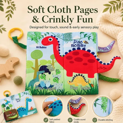 Miniatura 4 de Libros de dinosaurio para bebés de 0 a 6 meses, libros de tela arrugada para bebés, juguetes para el tacto y la sensación de la barriga para bebés