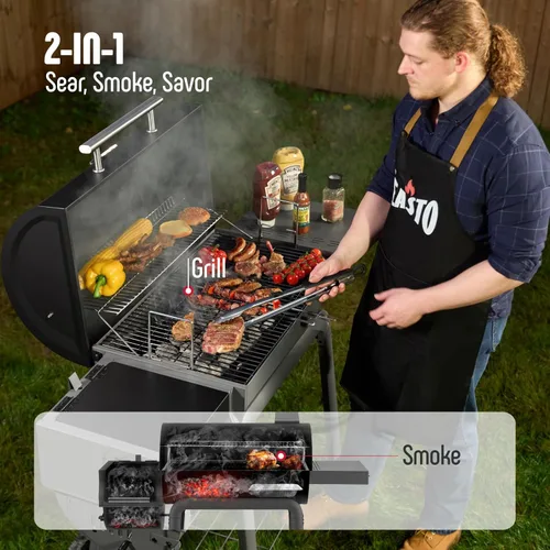 Miniatura 4 de Feasto - Parrilla de carbón con ahumador lateral y mesa auxiliar, parrilla de exterior de 30 pulgadas de alta resistencia con 832 pulgadas cuadradas
