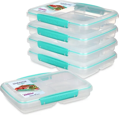 Sistema Recipientes de almacenamiento de alimentos de 5 piezas con 3 compartimentos y tapas para preparación de comidas, aptos para lavavajillas,