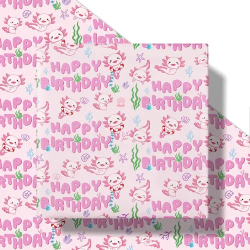 Miniatura 2 de RUSPEPA - Rollo de papel de regalo de cumpleaños para niñas, mini rollo, lindo diseño de ajolote y submarino con texto de feliz cumpleaños