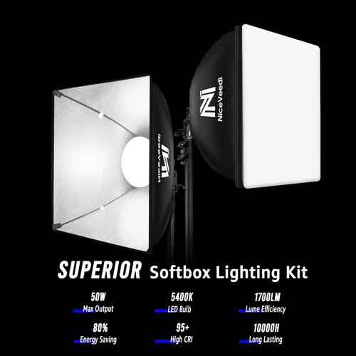 Miniatura 2 de NiceVeedi - Kit de iluminación Softbox de 16 x 16 pulgadas, kit de iluminación para fotografía con soporte de trípode de 63 pulgadas y bombilla LED