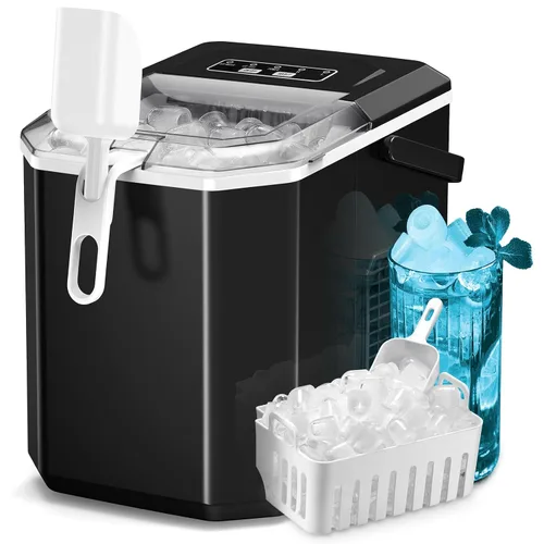 ZAFRO - Máquina para hacer hielo para encimera, 26 libras/24 horas, 9 cubos con forma de bala en 6 minutos, máquina de hielo portátil autolimpiante