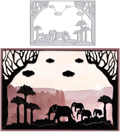 Troqueles de corte de fondo de elefantes, animales, marco de fondo, troqueles para hacer tarjetas, fondo de árboles, troquelado, plantilla de