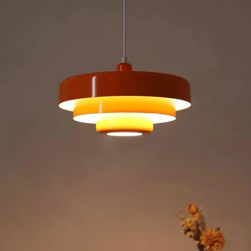 Lámpara colgante de mediados de siglo, 1 luz naranja, lámpara colgante de techo de 3 capas, diseño de pantalla de metal vintage para mesa de