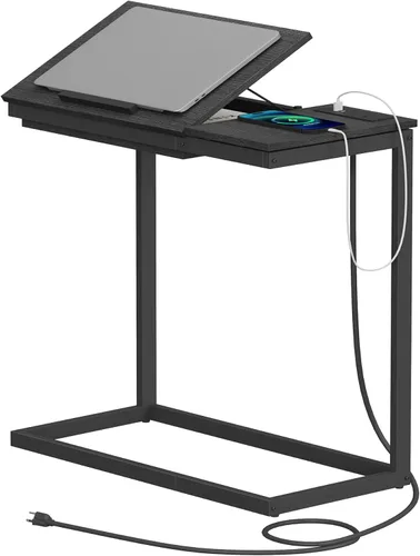 TUTOTAK Mesa auxiliar en forma de C con estación de carga, mesa auxiliar inclinable para computadora portátil, mesa debajo del sofá para sala de