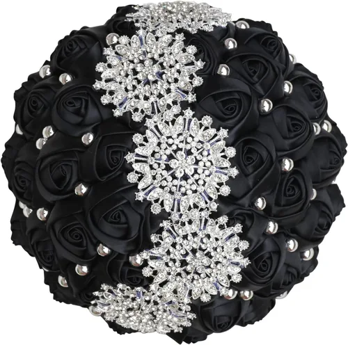 Miniatura 13 de XINNI Ramo de boda nupcial hecho a mano novia dama de honor satén rosa ramo de flores con diamantes de imitación perla encaje decoración de boda
