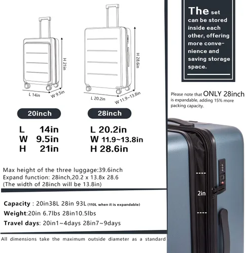 Miniatura 7 de COOLIFE Juego de maletas de equipaje de mano ABS PC Spinner Trolley con compartimento de bolsillo Bolsa de fin de semana Blanco Classic