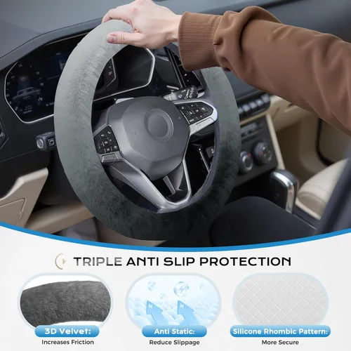 Miniatura 5 de Coverado - Funda de volante de invierno de felpa suave, cubierta antideslizante de pelo esponjoso para auto, universal de 14-15 pulgadas, de felpa