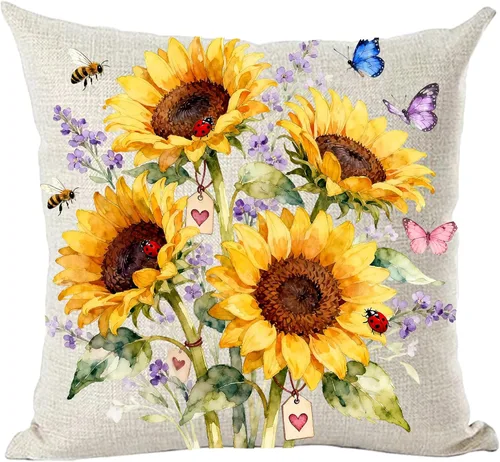 Ramirar Funda de almohada decorativa de verano, acuarela, girasoles amarillos, flores, mariposas, verano, para el hogar, sala de estar, cama, sofá,