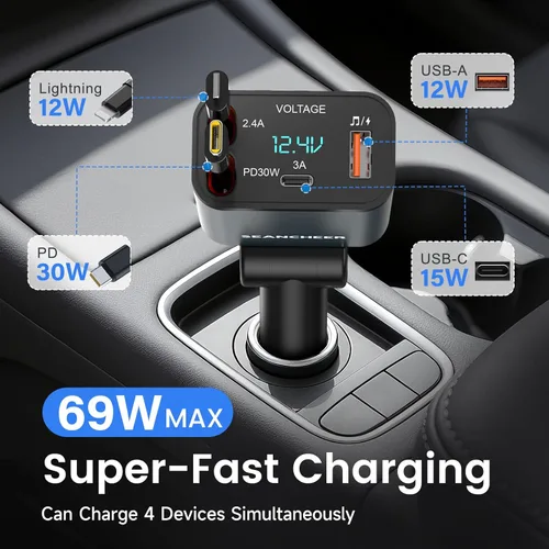 Miniatura 2 de SEANCHEER Adaptador Bluetooth para automóvil y cargador de automóvil USB C, adaptador de encendedor de cigarrillos de 69 W con 2 cables retráctiles