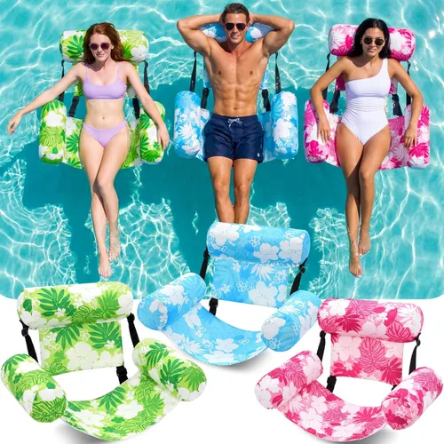 Paquete de 3 flotadores inflables para piscina, sillas flotantes para adultos, hamaca ajustable, silla flotante de agua, natación, patrón de plantas