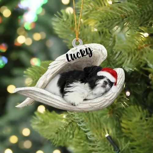 Miniatura 19 de Adorno acrílico plano de perro de Navidad de pastor alemán blanco, ángel dormido, regalo conmemorativo para perro, adorno personalizado con nombre